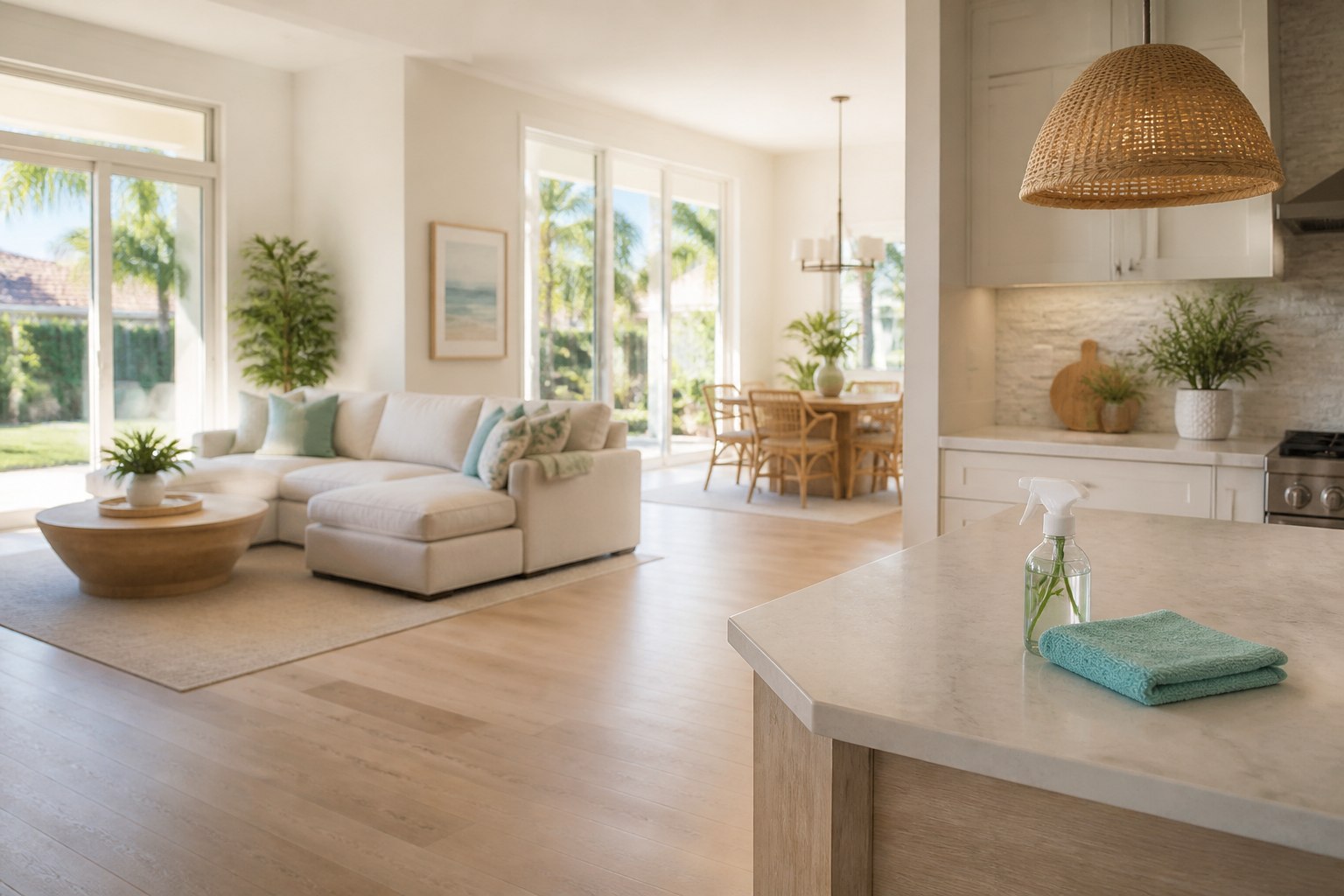 Bright, freshly cleaned Florida living room and kitchen